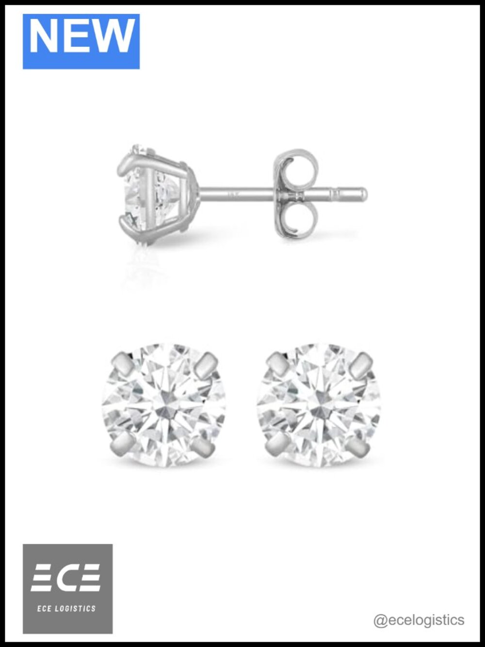 14K Solid White Gold Cubic Zirconia Stud Earrings 4mm Round